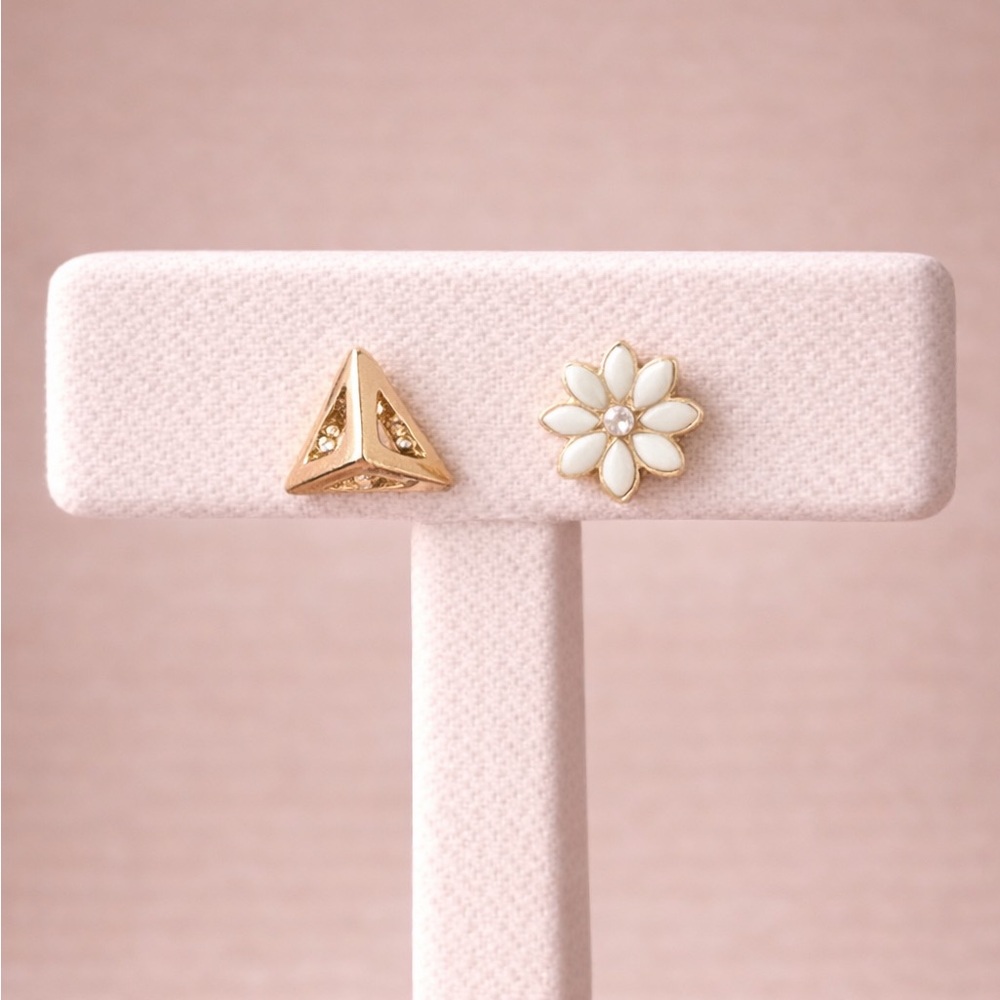 Gold Tone Mismatched Stud Earrings Geometric Triangle Flower Dainty Minimal